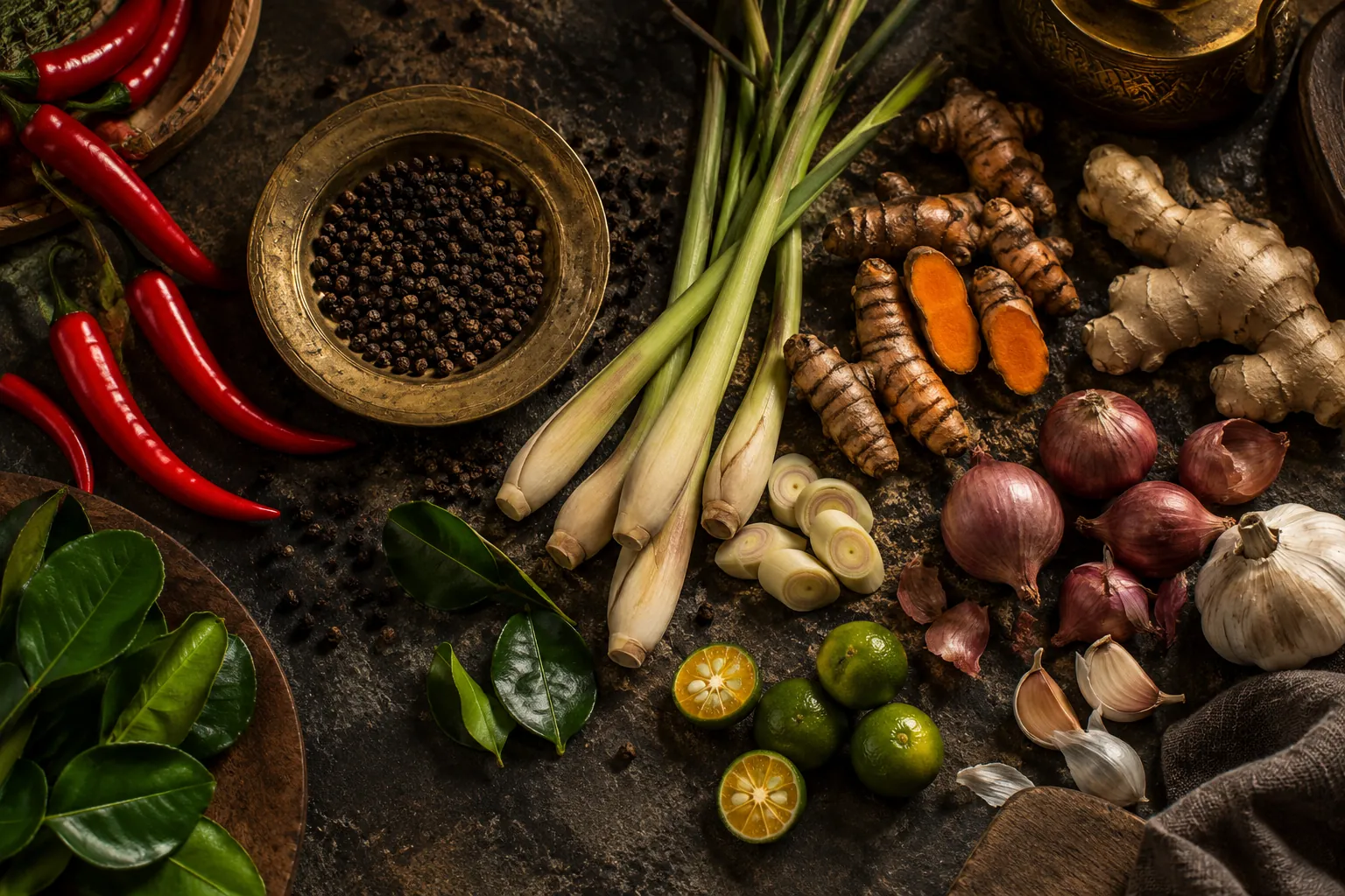 Chillies, lemongrass, lime leaves, turmeric, shallots and peppercorns — AI concept image