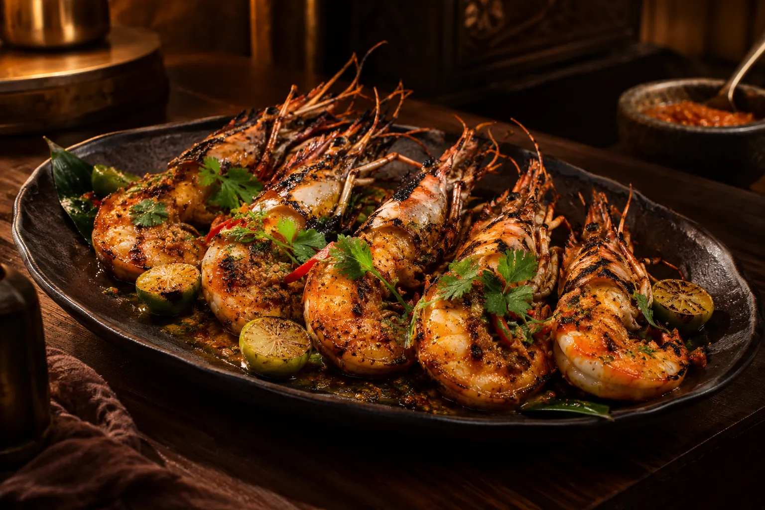 Tiger prawns with sambal butter, calamansi and herbs — AI concept image