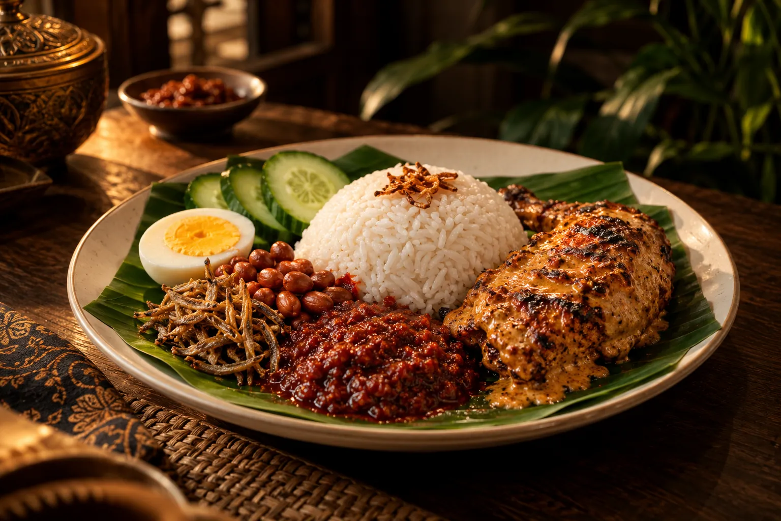 Nasi lemak with percik chicken, sambal, egg, anchovies and peanuts — AI concept image